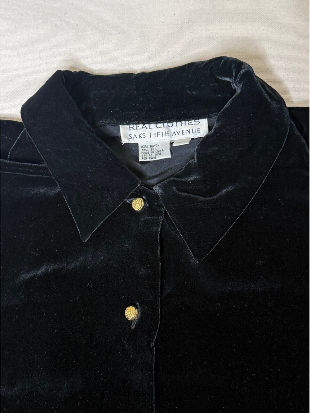 Vintage Saks Fifth Avenue Real Clothes Black Velvet Silk Blouse M Gold Buttons